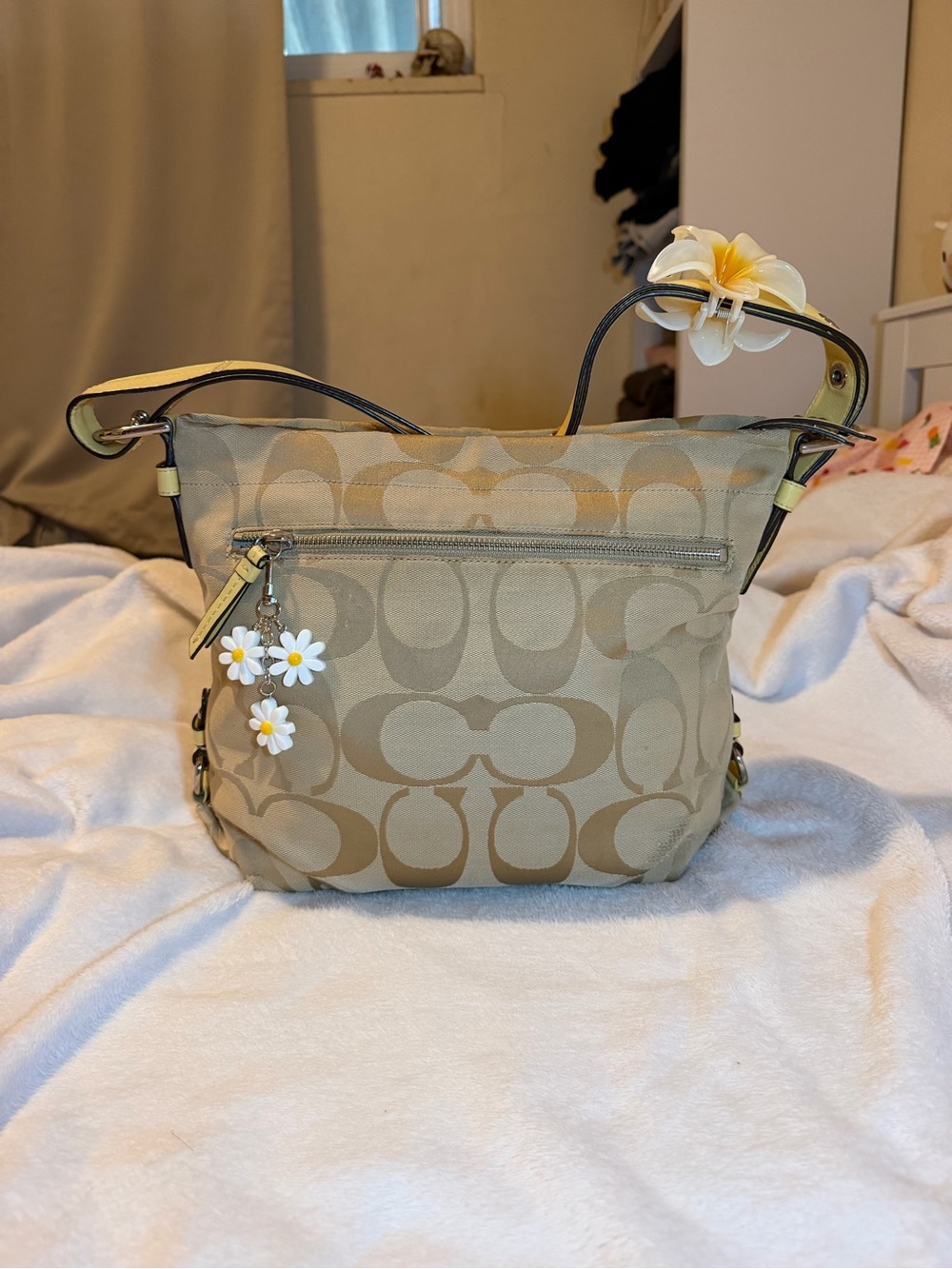 Coach Tan Signature Canvas Shoulder Bag with Yellow Accents